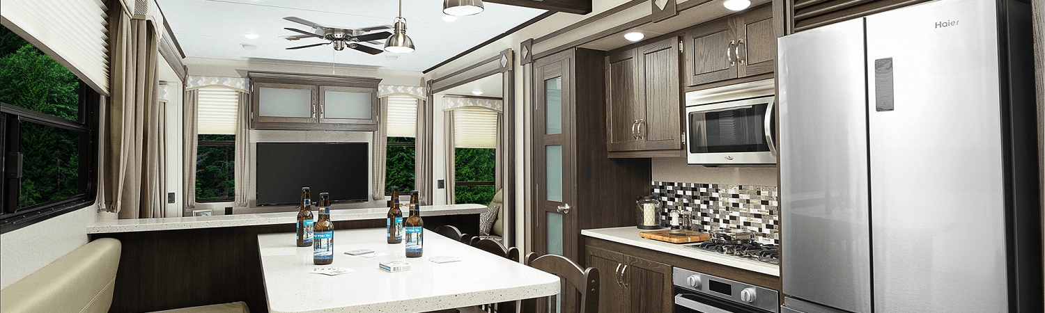 Beer bottles and cards on the kitchen table of a 2019 Crestliner 1950 Fish Hawk RV